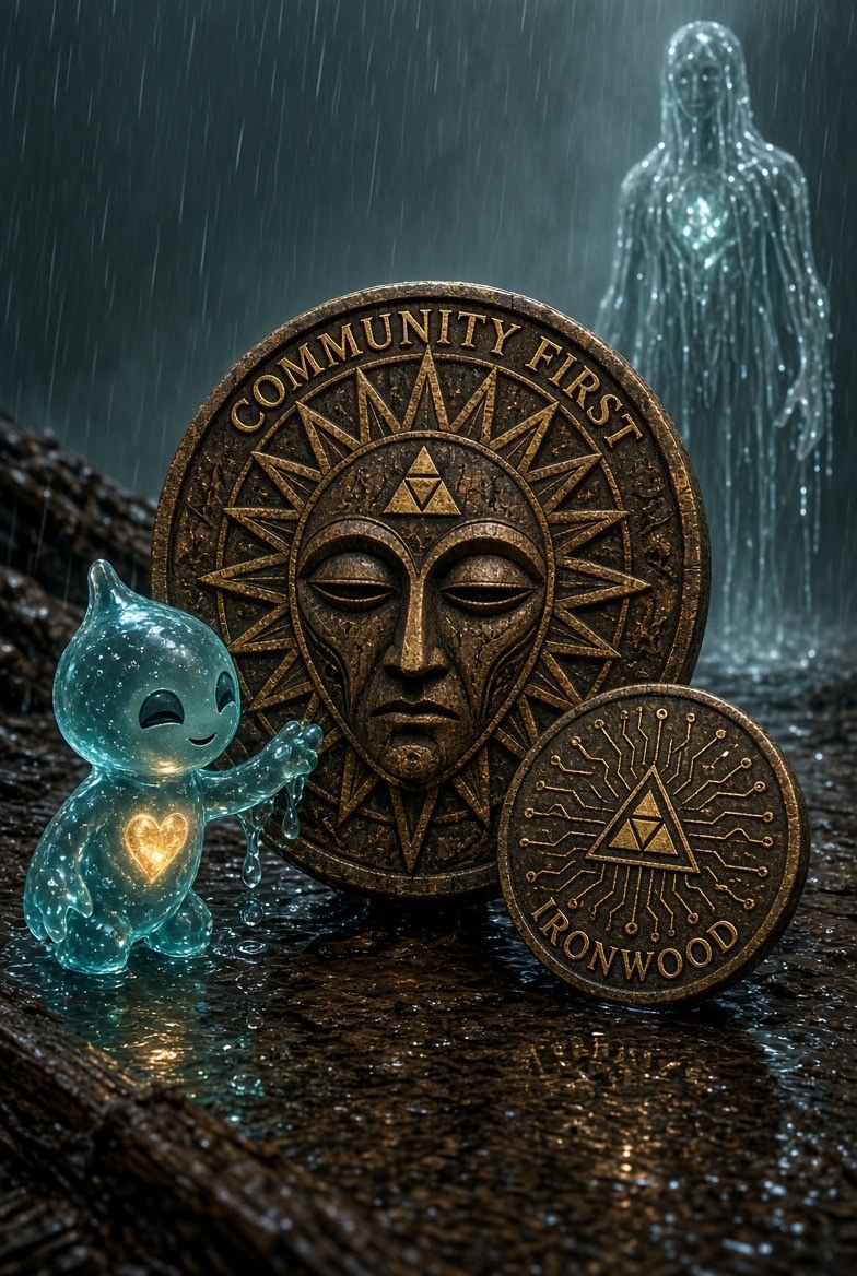 Little Rain with the COMMUNITY FIRST and Ironwood coins in the storm